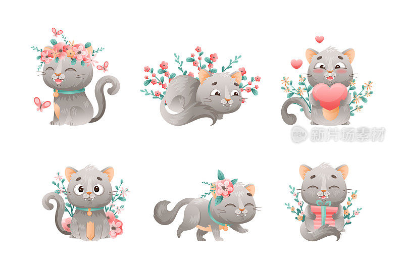 可爱的灰色猫颈领坐在花与心和礼品盒矢量集