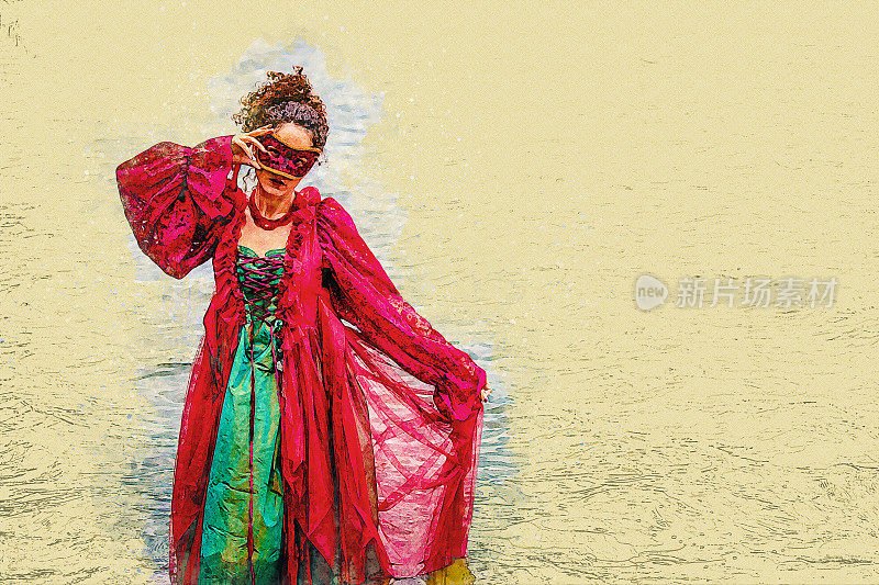 优雅的女人穿着历史性的红色连衣裙和水彩画风格的假面舞会