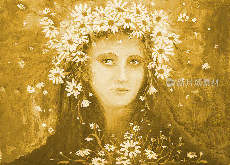 插图艺术油画在深褐色肖像一个年轻女子长发穿着乌克兰民族服装