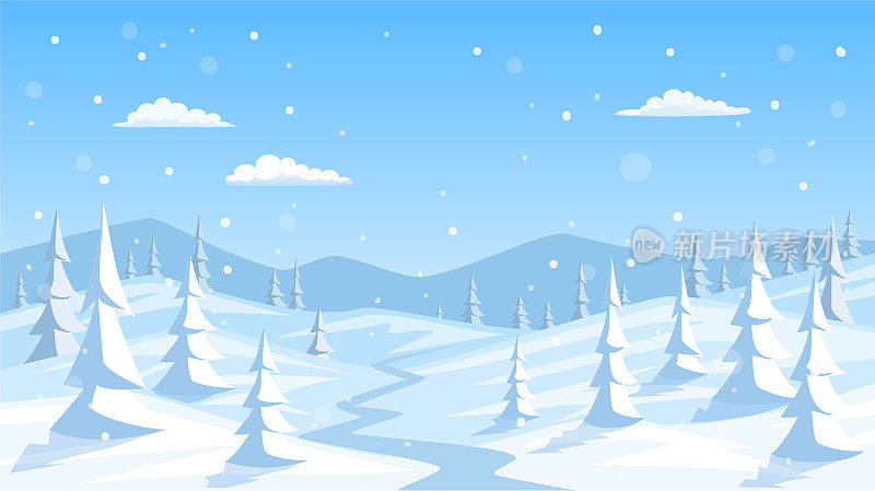 冬季雪景背景与松树，山脉，矢量插画