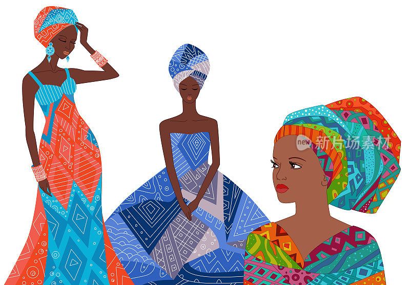 身穿民族服饰的非洲年轻妇女被隔离在白色背景下。非洲女性穿着时尚多彩的服装。漂亮女孩的卡通矢量插画