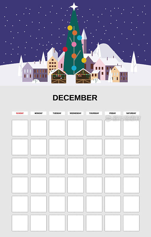 12月日历计划月。简约的圣诞城市景观自然背景冬季。日记业务每月模板。向量孤立