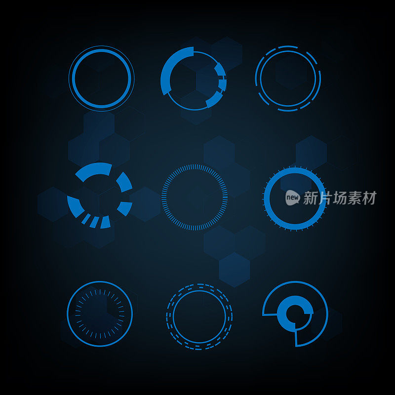 圆技术元素集。未来的hud界面概念。蓝色覆盖样式。