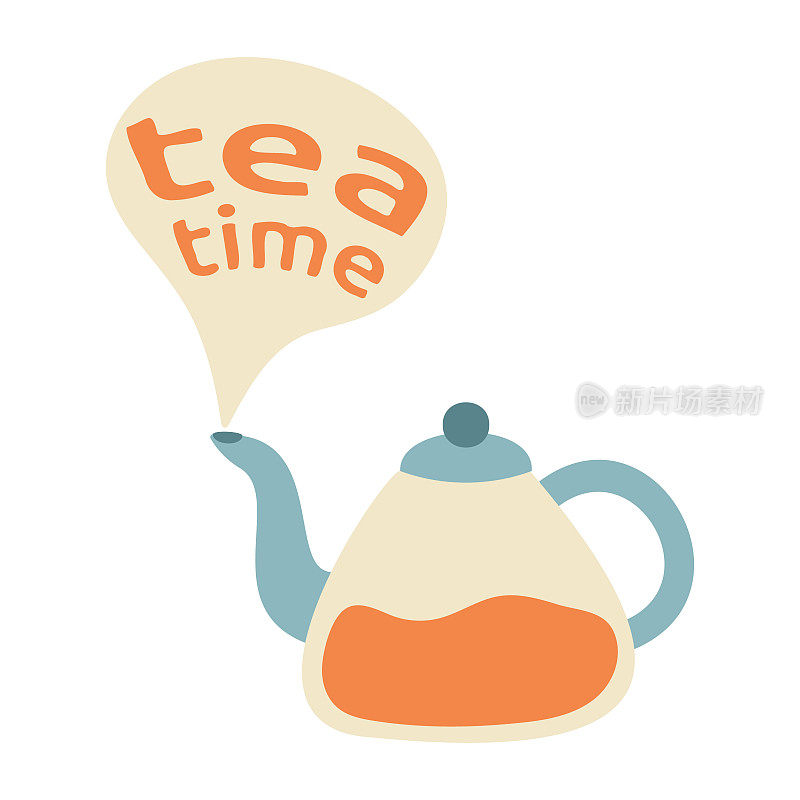 盛茶的水壶，随着“茶时间”的文字，释放出烟雾。茶休息。明信片插图茶壶。