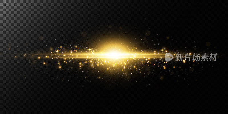 金色的星星，在透明的背景上，发光和光线的效果，发光的灯，太阳。