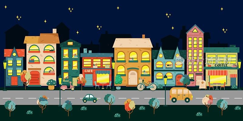 城市生活插画与房屋立面，道路和其他城市细节。夜景全景。平的风格