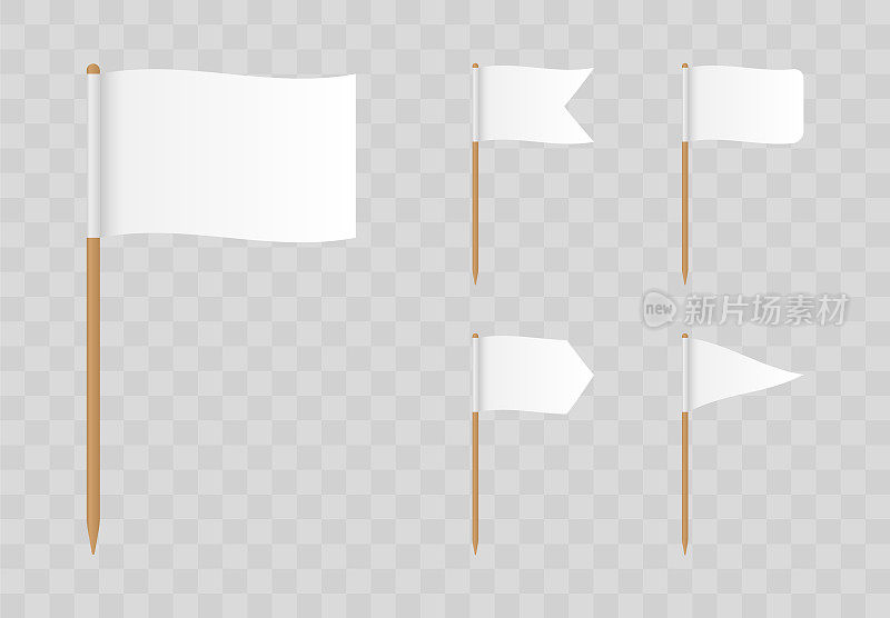 逼真的牙签旗帜。木棒上各种形状的白色横幅。装饰用的空白牙签旗子。矢量插图。