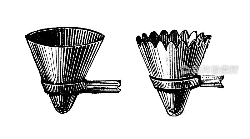 古董雕刻插图:采桃漏斗，采梨漏斗