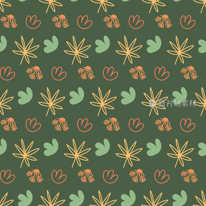 无缝模式手绘枝与花在绿色背景，壁纸包装纺织品