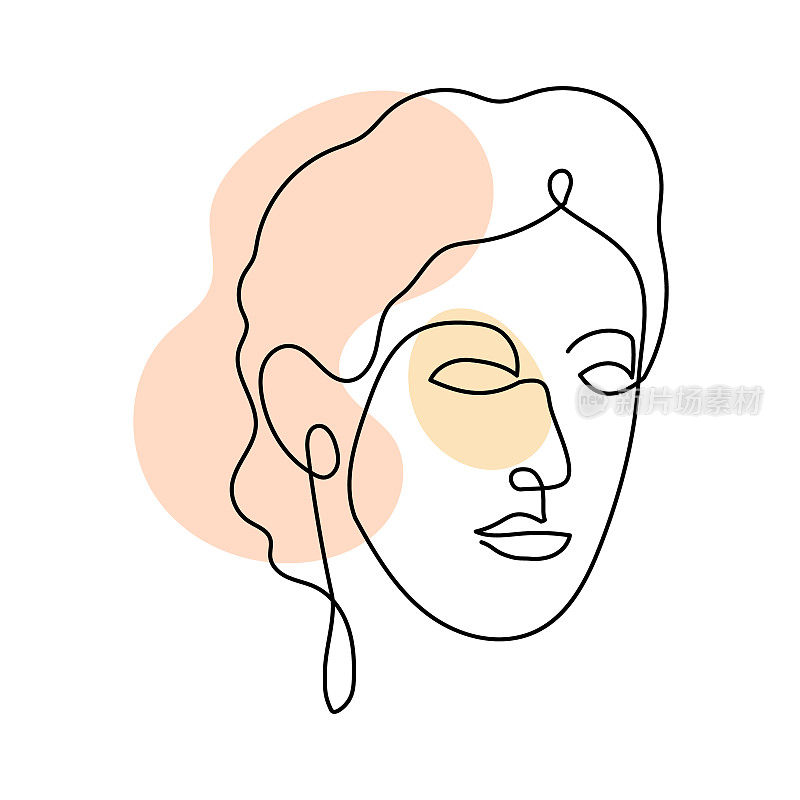 面部女子艺术连续线条标志。美女的脸和头发抽象连续线条图标图形背景。矢量图