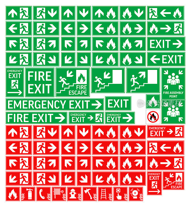 退出符号向量集。紧急消防出口。消防图标。股票插图。孤立的