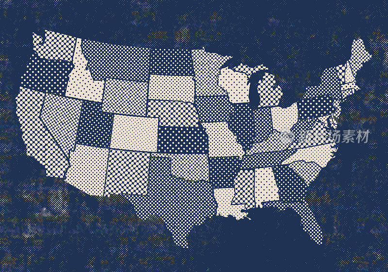 美国各州地图与半色调点纹理-深蓝色