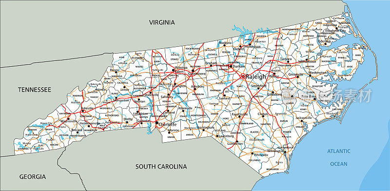 高度详细的北卡罗莱纳州路线图与标签。
