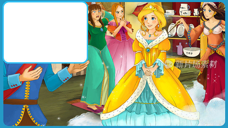 卡通场景与公主在厨房和其他一些人与框架文字插图的儿童