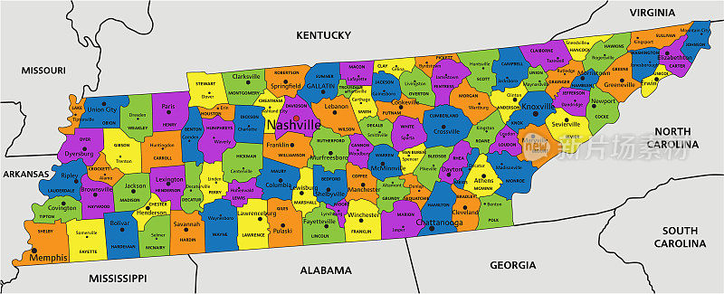 彩色的田纳西州政治地图，有清晰的标签，分层。矢量插图。