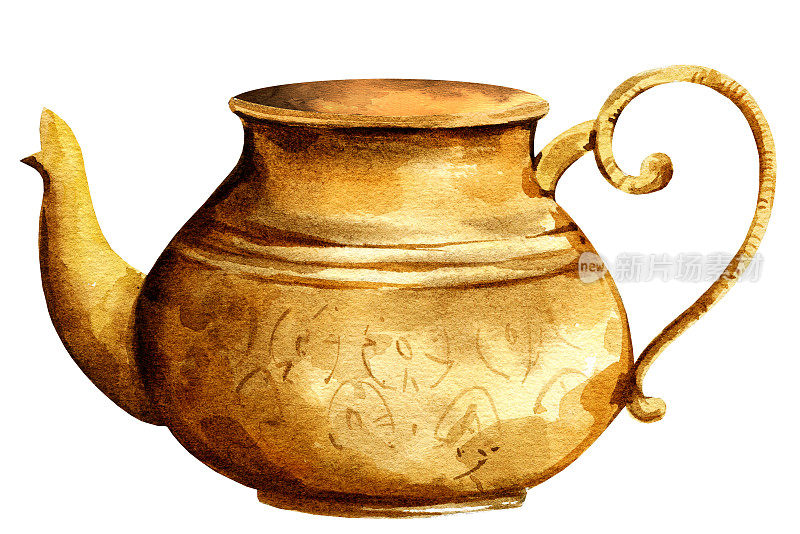 传统东方茶壶，铜制土耳其茶壶，白底东方饮茶