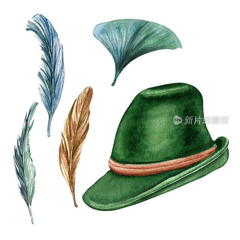 德国绿色帽子和羽毛水彩插图孤立在白色背景。