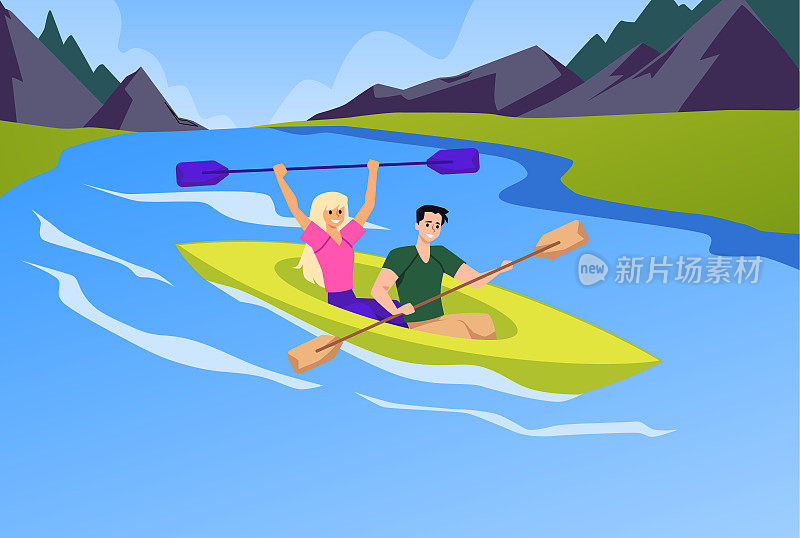 年轻的游客夫妇在独木舟上旅行，船平面矢量插图。