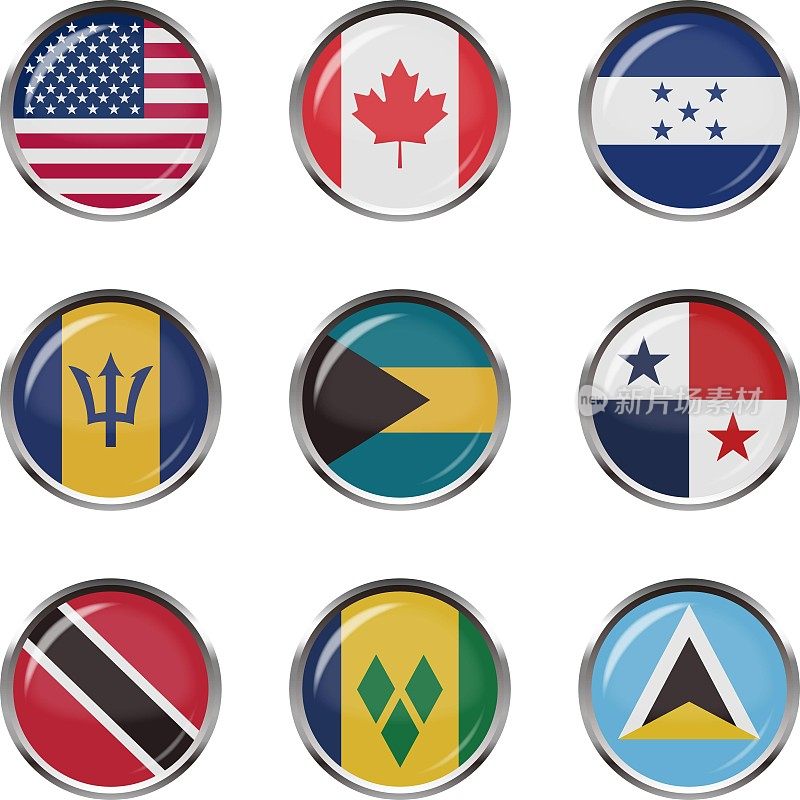 北美国旗按钮图标矢量材料集，美利坚合众国，加拿大，洪都拉斯，巴巴多斯，巴哈马，巴拿马，特立尼达和多巴哥共和国，圣文森特，圣卢西亚