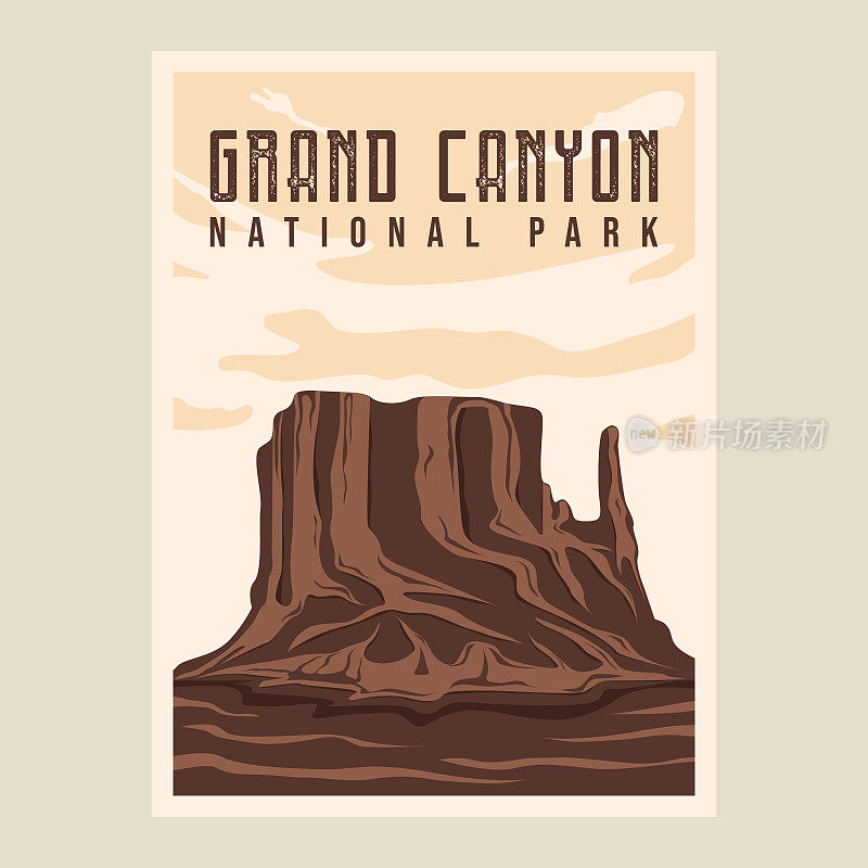 大峡谷国家公园极简复古海报插图模板平面设计。峡谷岩山旗为旅游商家提供简洁的景观景观