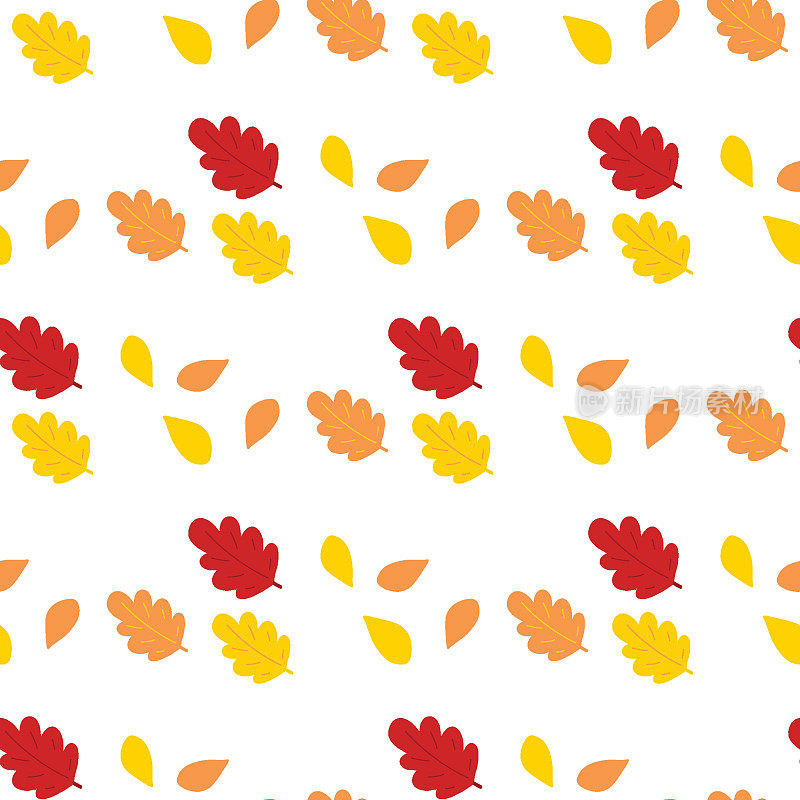 秋日矢量秋日天衣无缝。黄色、橙色和红色的叶子。可爱的手绘收获季节农家乐插图在白色背景