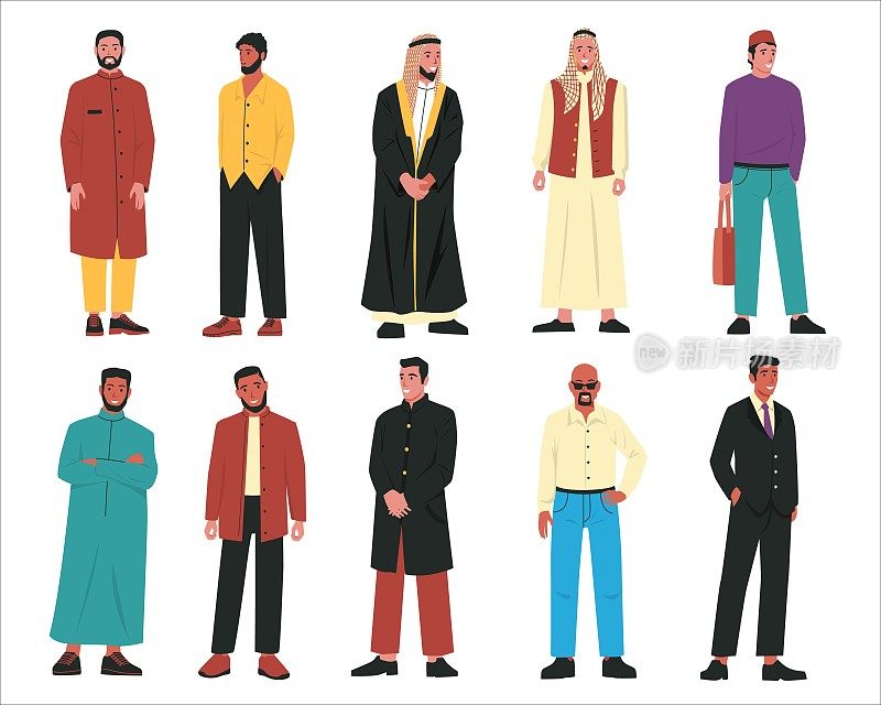 穆斯林男子。现代阿拉伯男性角色穿着传统的阿拉伯服装和时尚的休闲服装，伊斯兰人的肖像。矢量卡通套装