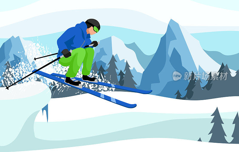 滑雪者从山坡上跳下来。在雪山上滑雪的冬季体育活动。滑雪胜地的极限滑雪。以森林和岩石为背景的乡村交叉景观。矢量图