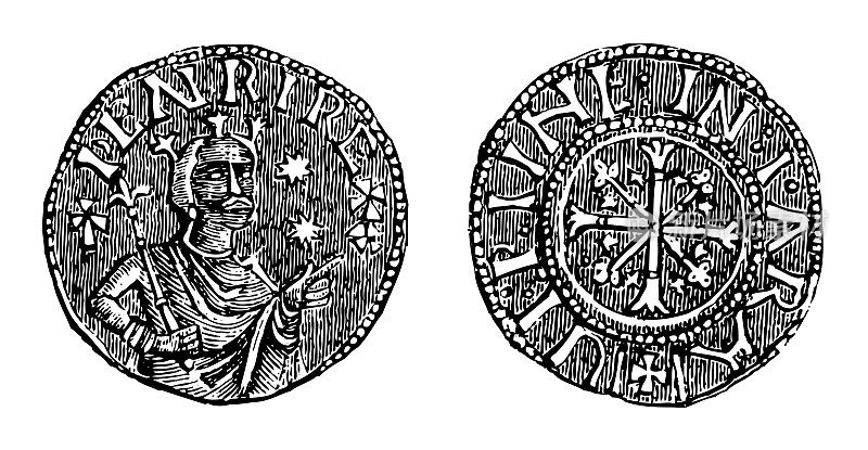 英格兰国王亨利一世(1100-1135)的中世纪银便士-古董雕刻插图