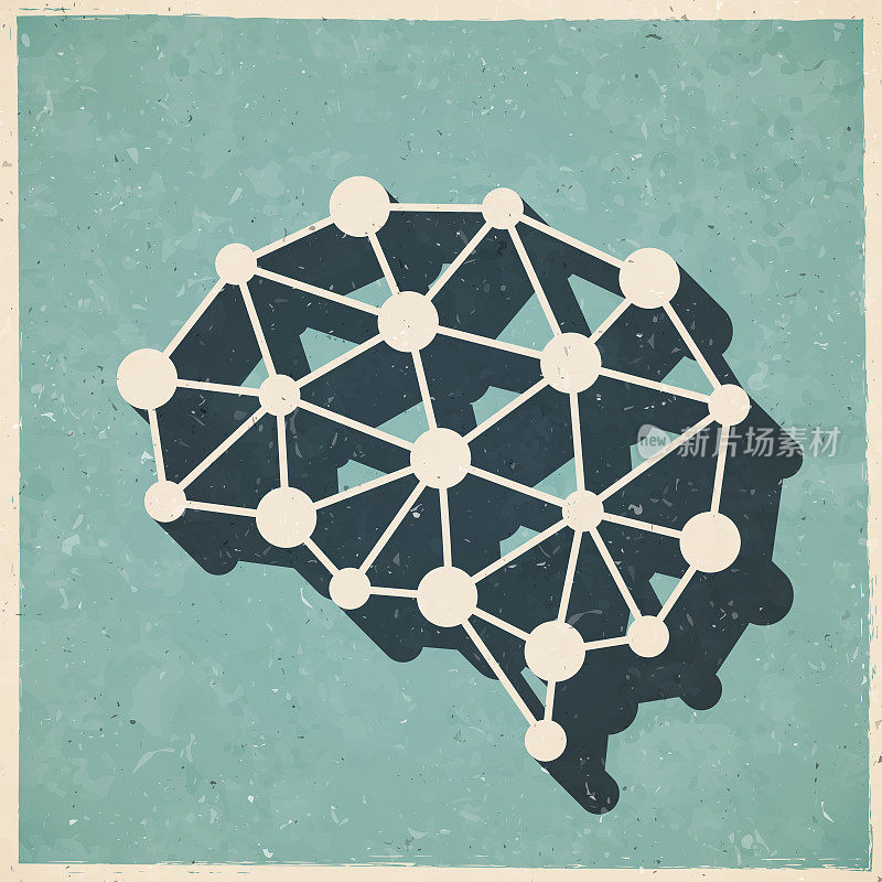 人工智能大脑。图标复古复古风格-旧纹理纸