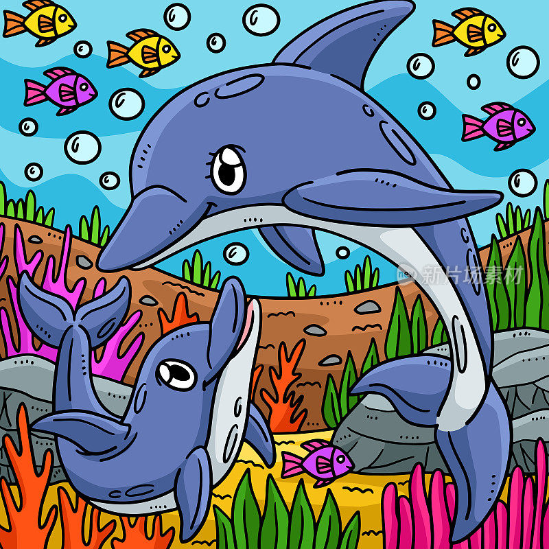 海豚妈妈和海豚宝宝彩色卡通