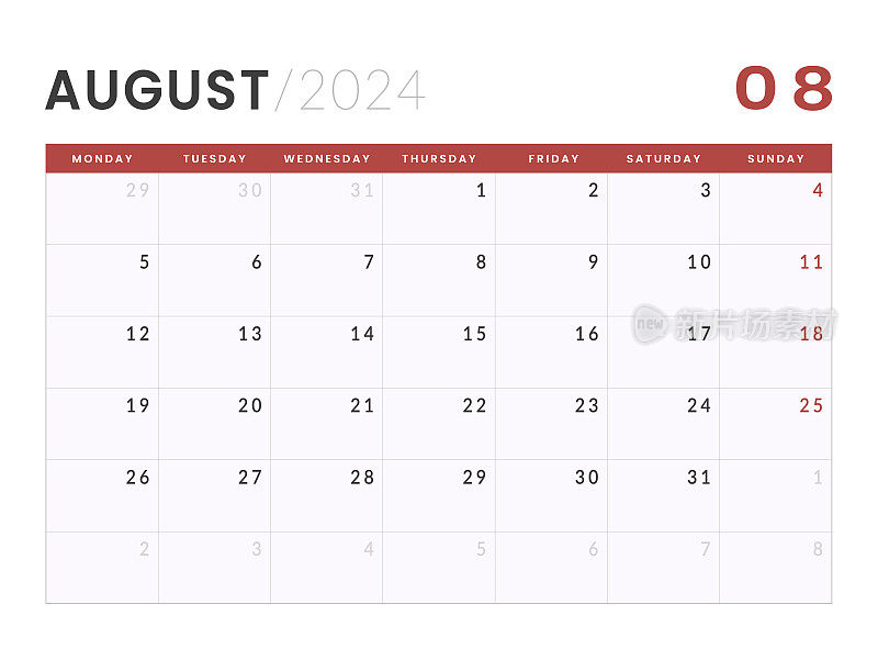 2024年8月的月历模板。矢量布局的墙或书桌简单的日历与周开始星期一