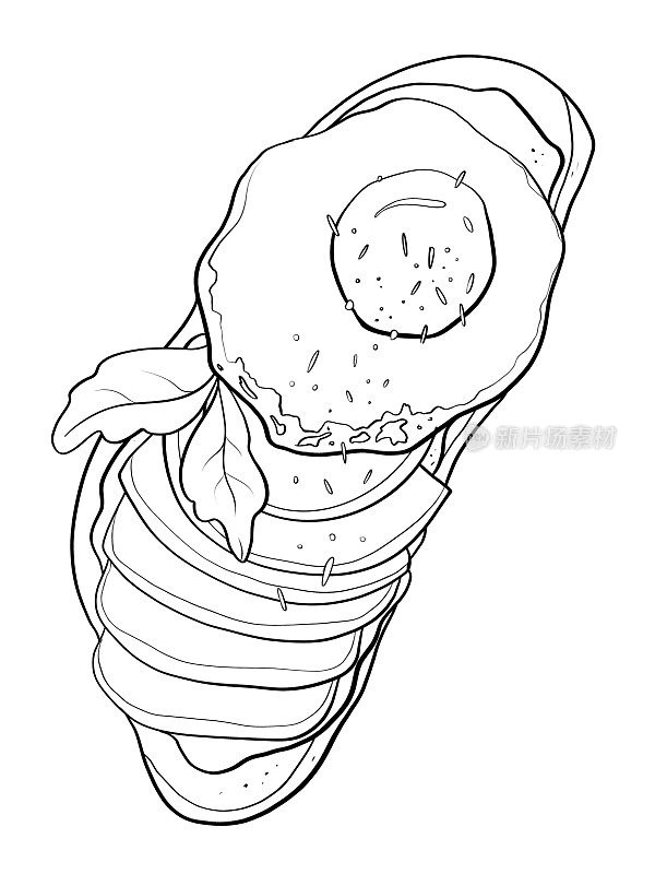 插图轮廓线素描食品欧洲美食菜单开胃菜健康早餐意式烤面包与鸡蛋鳄梨罗勒设计元素印刷媒体贴纸