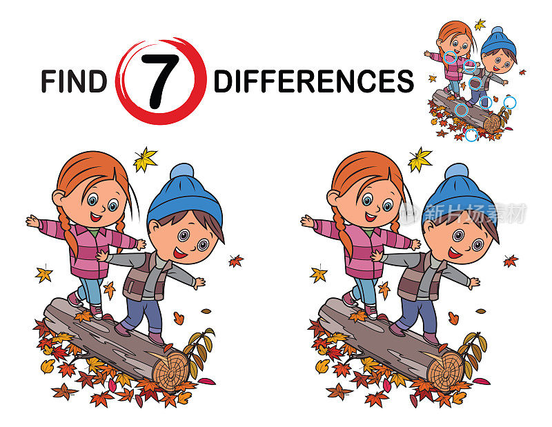 寻找差异，孩子们在秋天的树林里玩耍和平衡