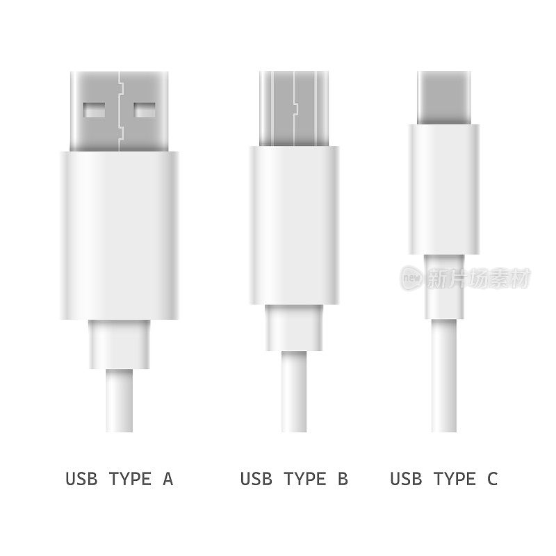 USB电缆连接器-矢量图标集。A型，B型和c型写实插图。白底隔离