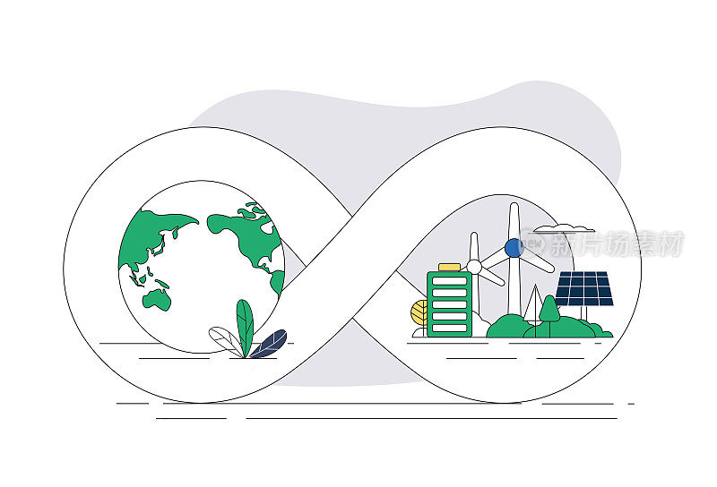 新能源，大地和无限循环符号，环保概念插图。