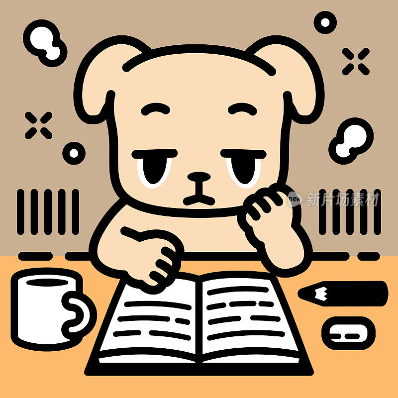 一只疲惫的拉布拉多猎犬坐在书桌前，用手托着下巴看书