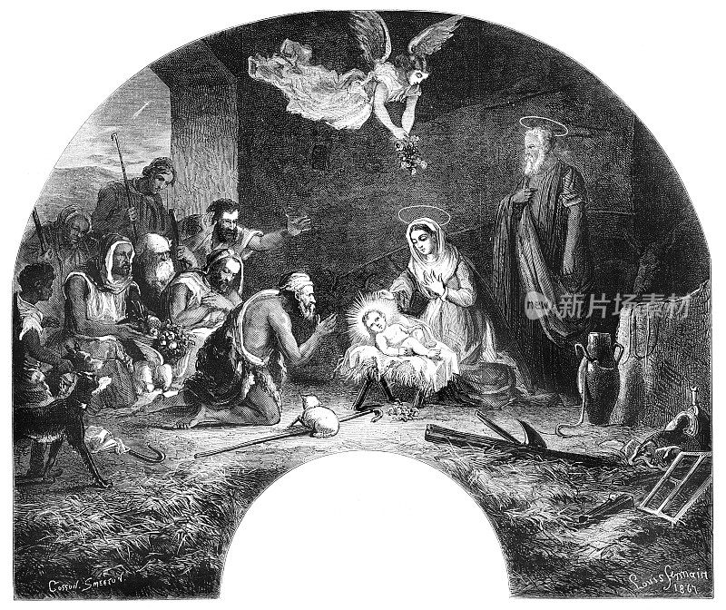 耶稣在伯利恒出生，圣母玛利亚看着婴儿