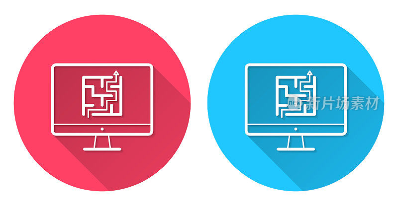 带有迷宫的台式电脑。圆形图标与长阴影在红色或蓝色的背景