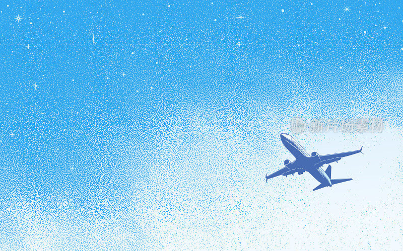 点画插图的飞机，夜空和星星