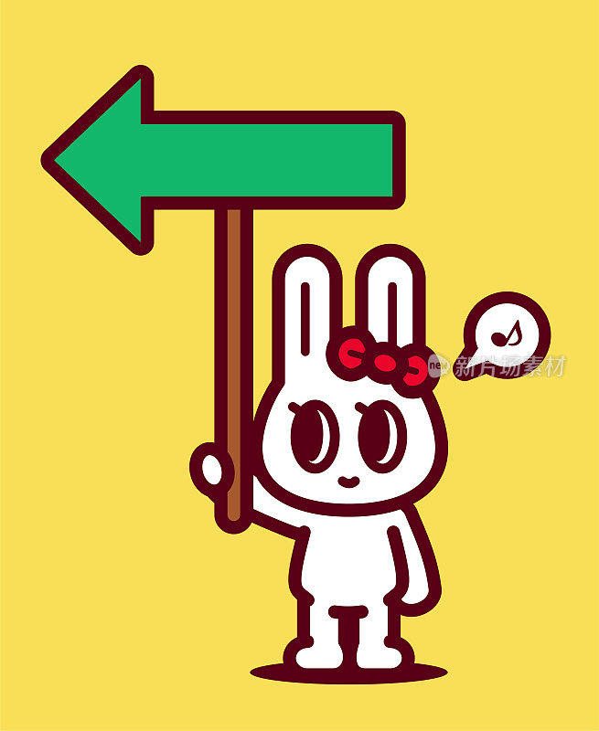 一只可爱的兔子举着一个左边的箭头标志