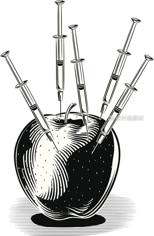 带注射器的红苹果
