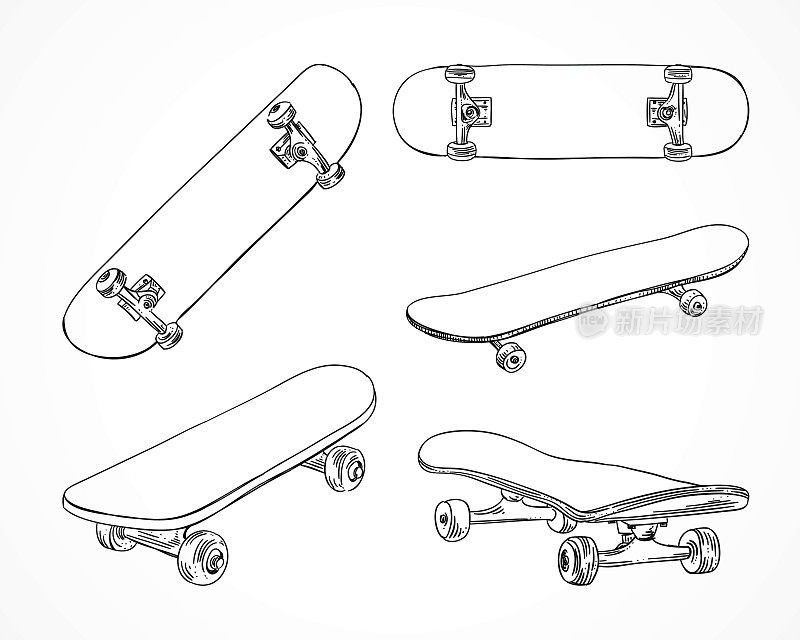 滑板矢量插图。滑冰设备。轮廓滑板极限运动