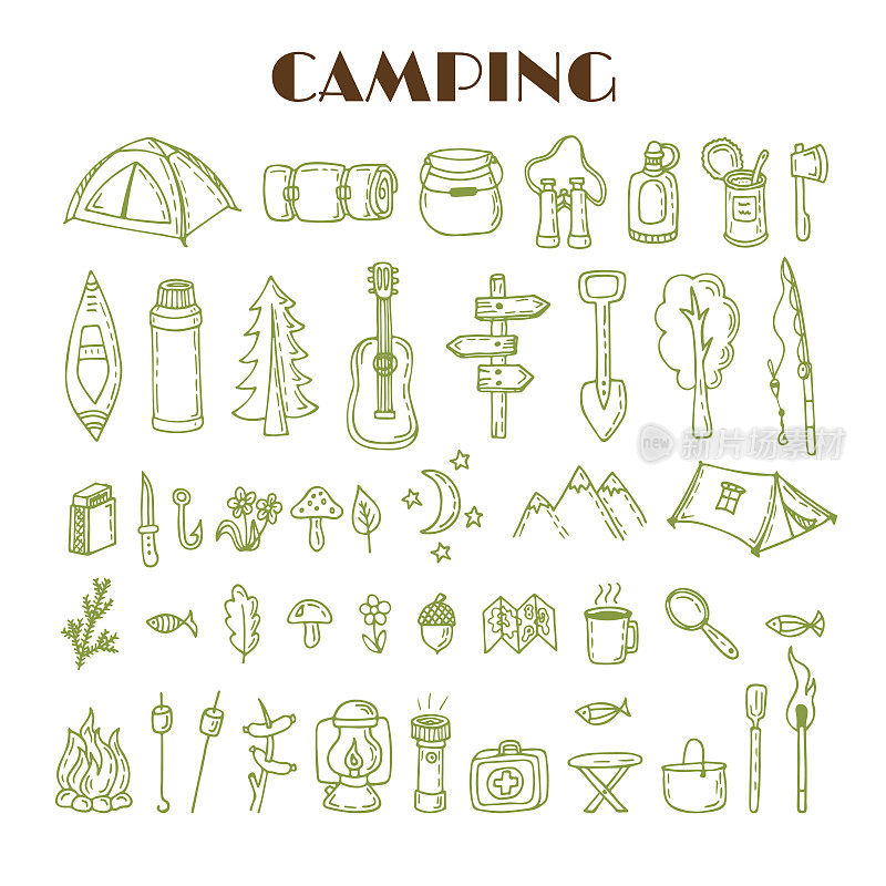 一套手绘露营和徒步旅行设备。旅行