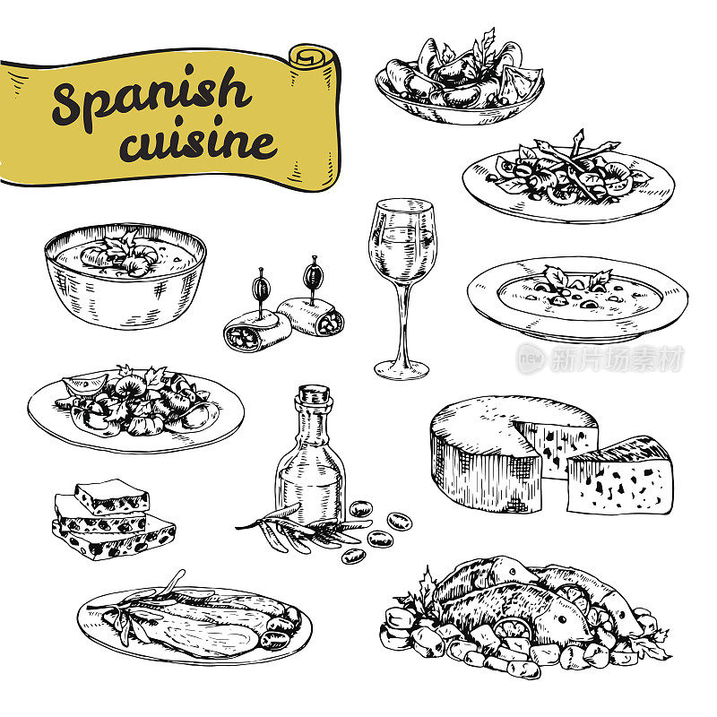 传统西班牙美食的手绘矢量插图