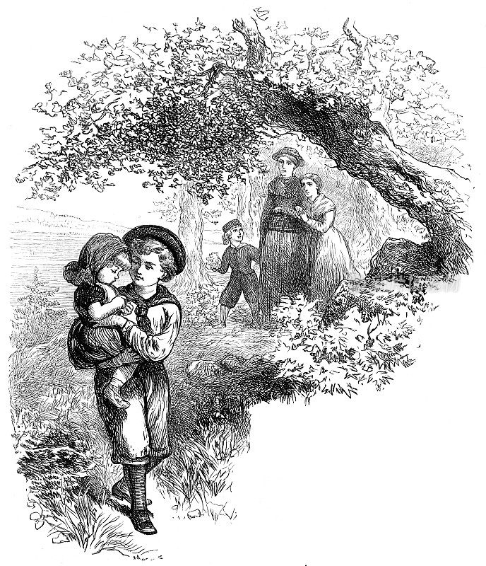 1880年的杂志上，维多利亚时代的妇女和孩子们在树上雕刻