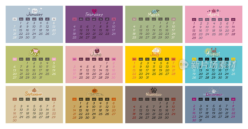 2018年的矢量日历模板，一组12个月。