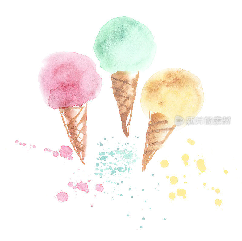三个淡色冰淇淋蛋筒插图。水彩艺术作品