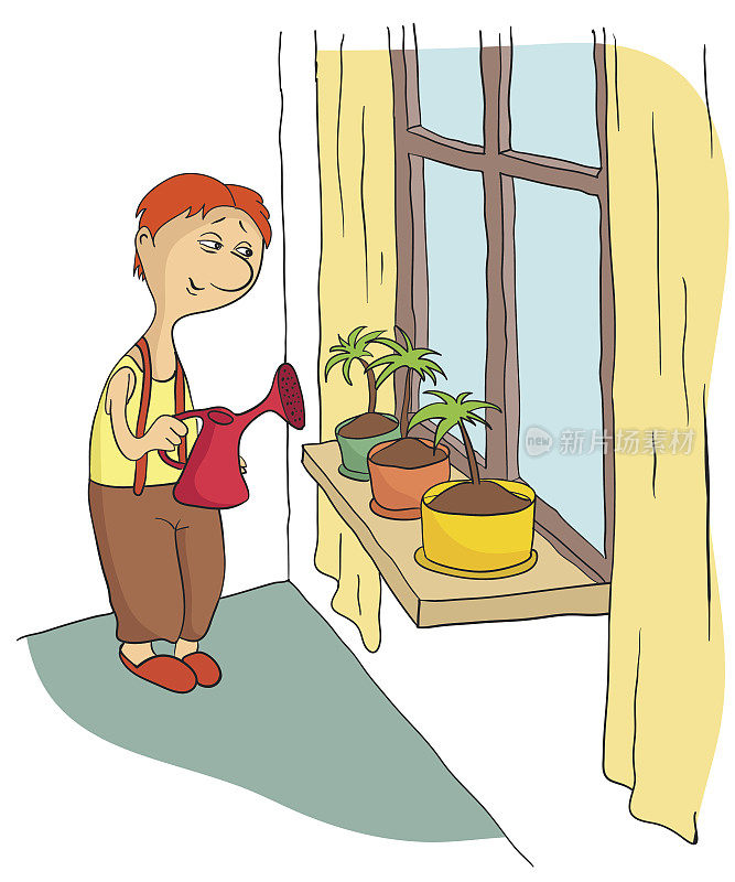 一个年轻人站在窗台上浇花。矢量图