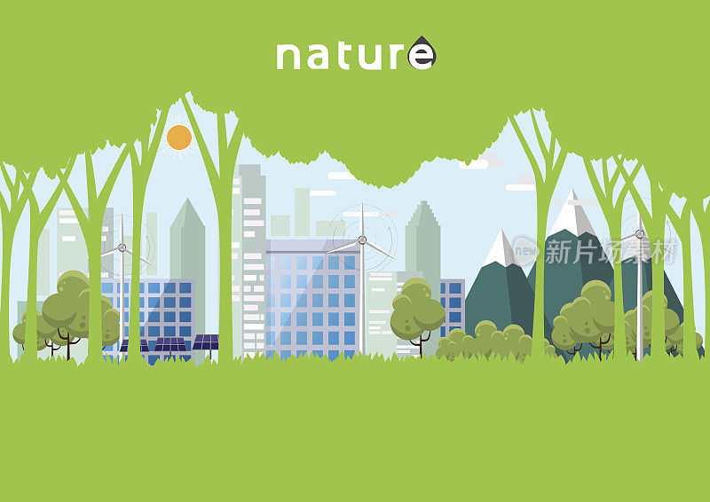 在平面设计中融入森林与城市的生态与自然模板设计。矢量图