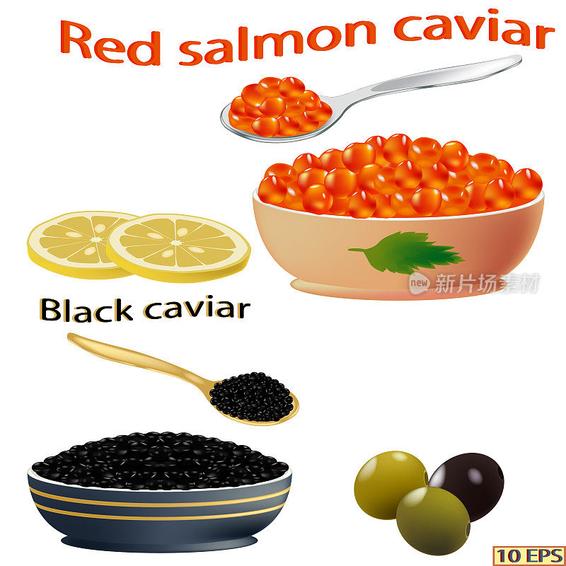 红色的鱼子酱在碗里。黑鱼子酱在碗里。三明治与鱼子酱孤立的白色背景特写。向量。